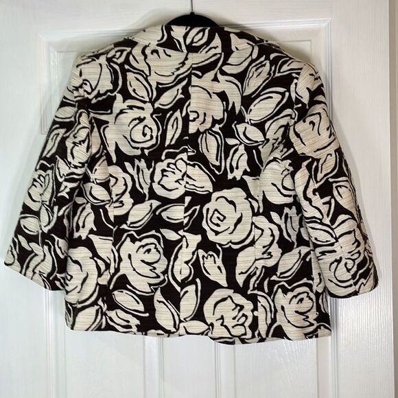 Talbots Woman Floral Jacquard Blazer 12W Brown Cream Cotton Linen Jacket - Picture 3 of 10